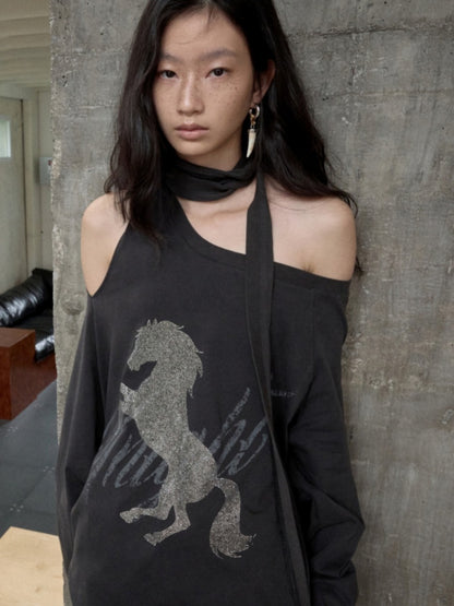 Knight Horse Print Hot Diamond Strap Loose Sweatshirt Slanted Shoulder Asymmetrical Long Sleeve Top【s0000014580】