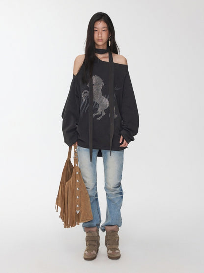 Knight Horse Print Hot Diamond Strap Loose Sweatshirt Slanted Shoulder Asymmetrical Long Sleeve Top【s0000014580】