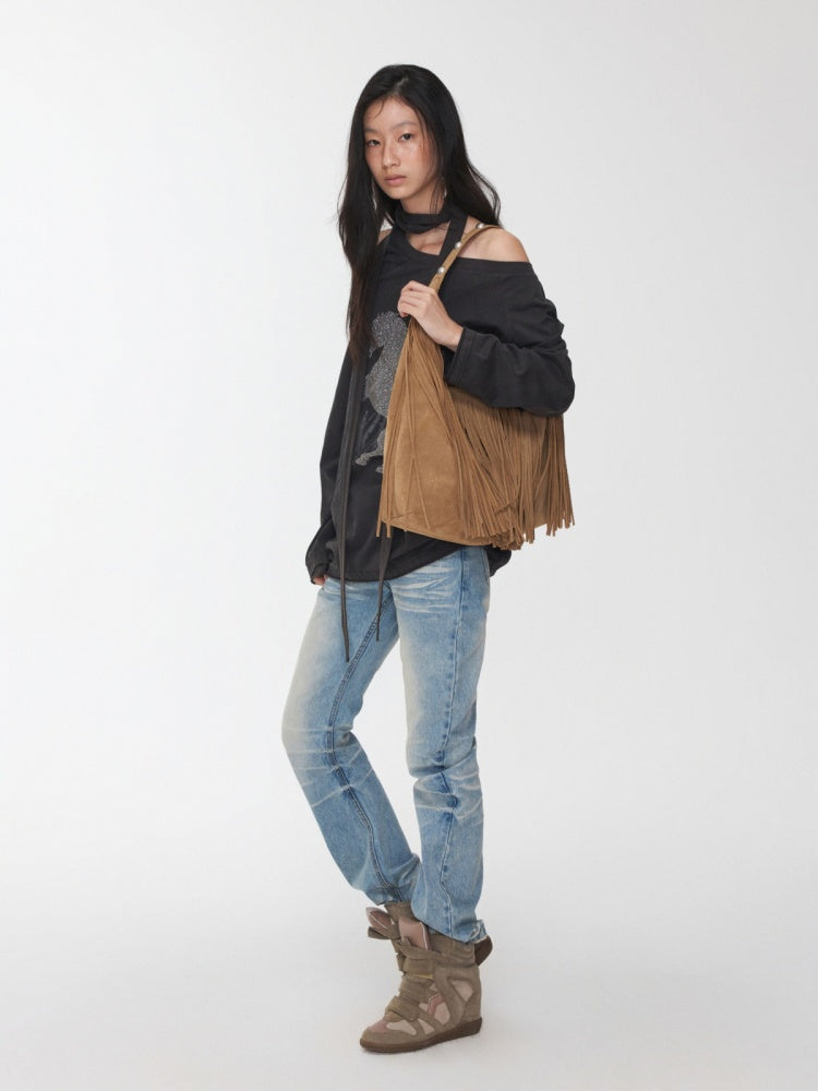 Knight Horse Print Hot Diamond Strap Loose Sweatshirt Slanted Shoulder Asymmetrical Long Sleeve Top【s0000014580】