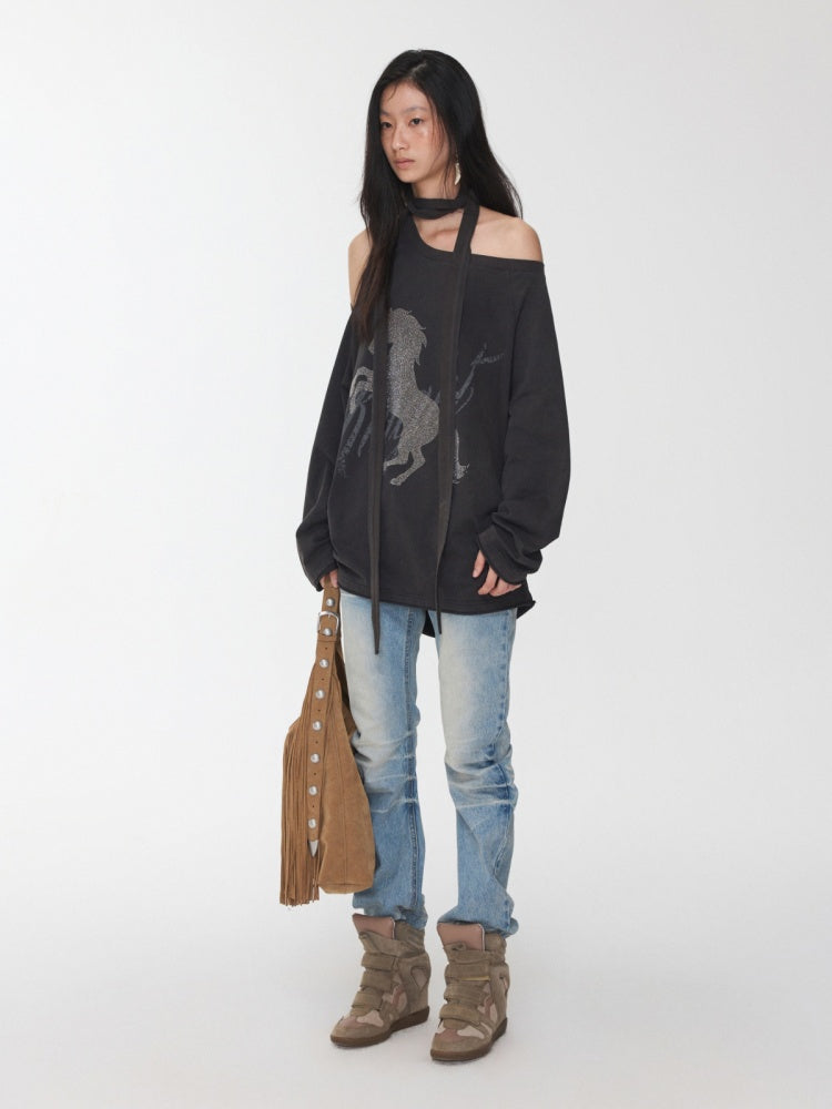 Knight Horse Print Hot Diamond Strap Loose Sweatshirt Slanted Shoulder Asymmetrical Long Sleeve Top【s0000014580】