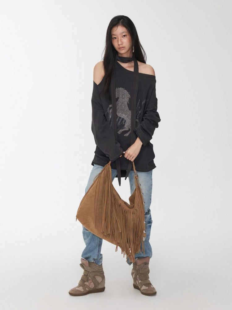 Knight Horse Print Hot Diamond Strap Loose Sweatshirt Slanted Shoulder Asymmetrical Long Sleeve Top【s0000014580】