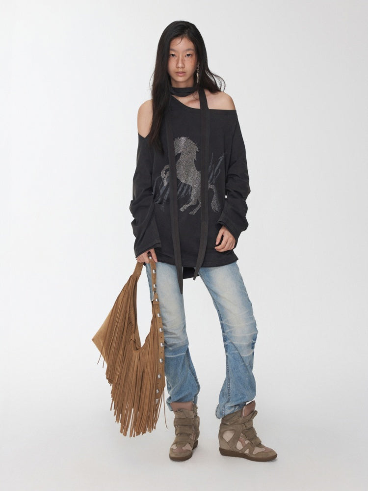 Knight Horse Print Hot Diamond Strap Loose Sweatshirt Slanted Shoulder Asymmetrical Long Sleeve Top【s0000014580】
