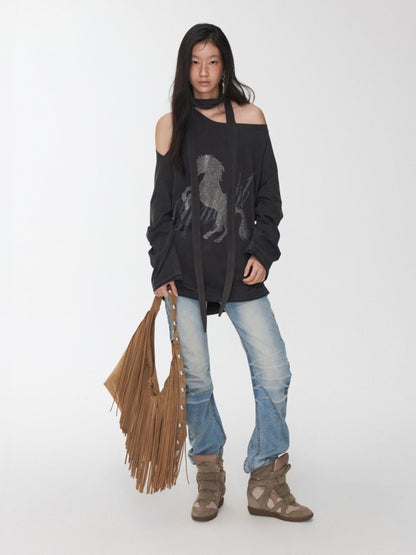 Knight Horse Print Hot Diamond Strap Loose Sweatshirt Slanted Shoulder Asymmetrical Long Sleeve Top【s0000014580】