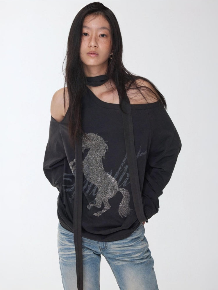 Knight Horse Print Hot Diamond Strap Loose Sweatshirt Slanted Shoulder Asymmetrical Long Sleeve Top【s0000014580】
