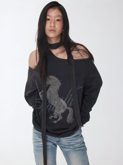 Knight Horse Print Hot Diamond Strap Loose Sweatshirt Slanted Shoulder Asymmetrical Long Sleeve Top【s0000014580】