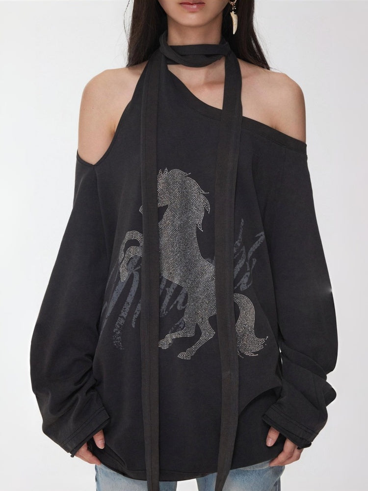 Knight Horse Print Hot Diamond Strap Loose Sweatshirt Slanted Shoulder Asymmetrical Long Sleeve Top【s0000014580】
