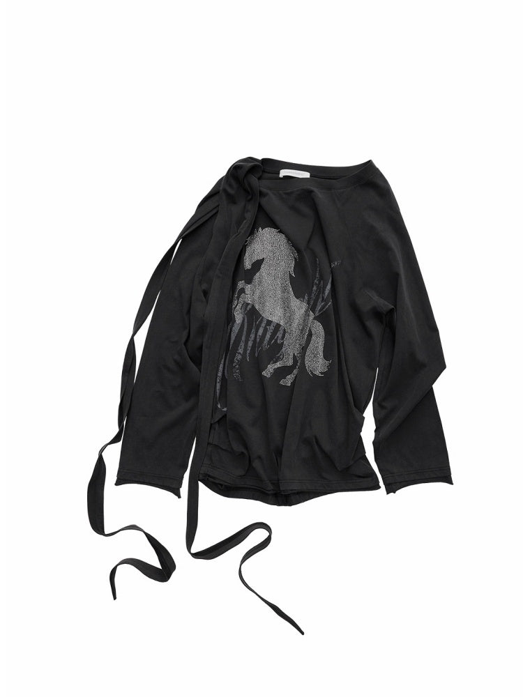 Knight Horse Print Hot Diamond Strap Loose Sweatshirt Slanted Shoulder Asymmetrical Long Sleeve Top【s0000014580】