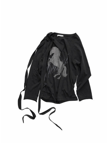 Knight Horse Print Hot Diamond Strap Loose Sweatshirt Slanted Shoulder Asymmetrical Long Sleeve Top【s0000014580】