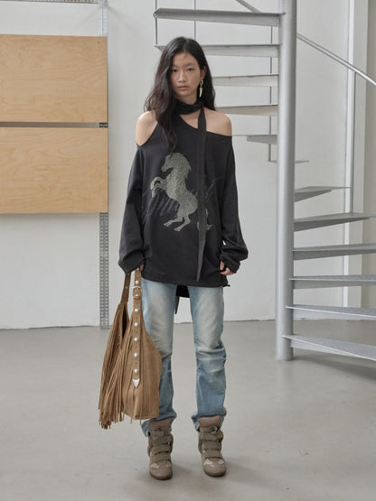 Knight Horse Print Hot Diamond Strap Loose Sweatshirt Slanted Shoulder Asymmetrical Long Sleeve Top【s0000014580】