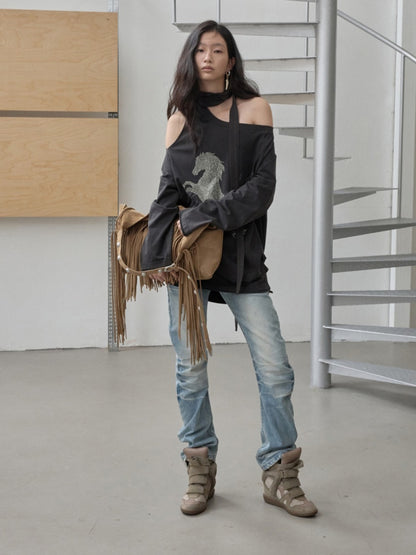 Knight Horse Print Hot Diamond Strap Loose Sweatshirt Slanted Shoulder Asymmetrical Long Sleeve Top【s0000014580】