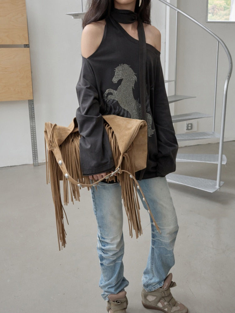 Knight Horse Print Hot Diamond Strap Loose Sweatshirt Slanted Shoulder Asymmetrical Long Sleeve Top【s0000014580】