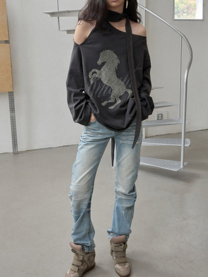 Knight Horse Print Hot Diamond Strap Loose Sweatshirt Slanted Shoulder Asymmetrical Long Sleeve Top【s0000014580】