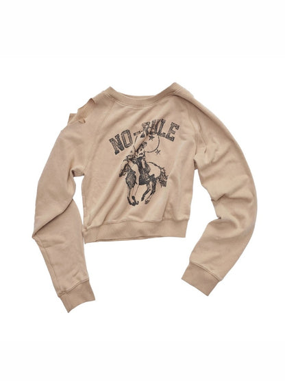 Knight Cat Print Washed Hole Sweatshirt Short Off-The-Shoulder Slimming Top【s0000014581】