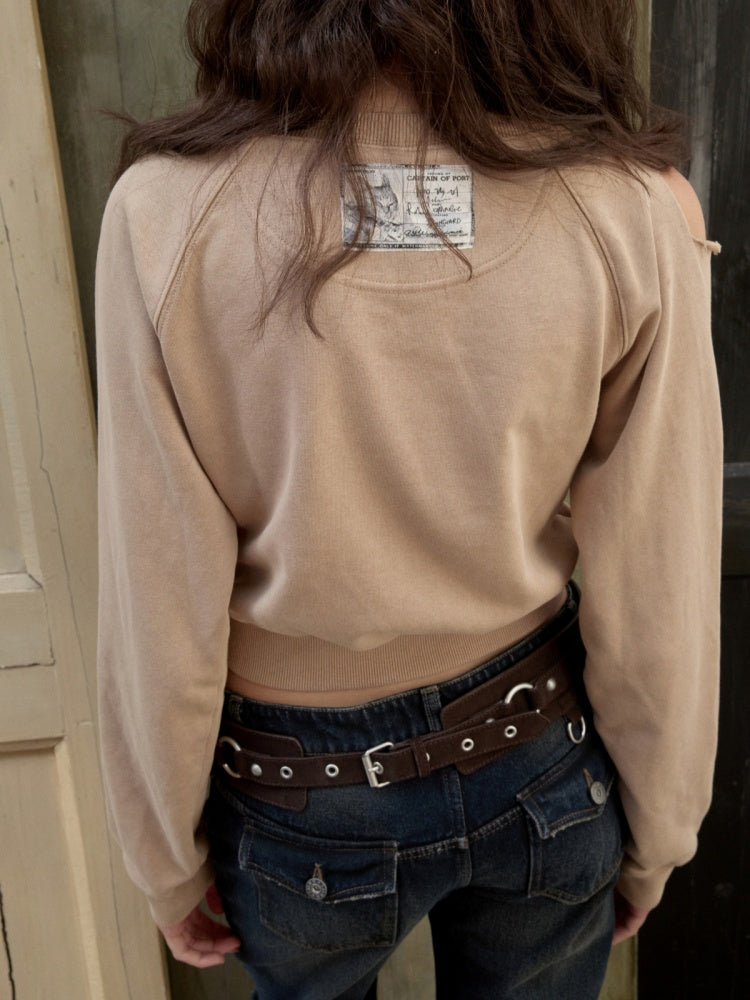 Knight Cat Print Washed Hole Sweatshirt Short Off-The-Shoulder Slimming Top【s0000014581】