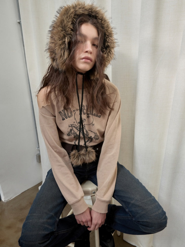 Knight Cat Print Washed Hole Sweatshirt Short Off-The-Shoulder Slimming Top【s0000014581】