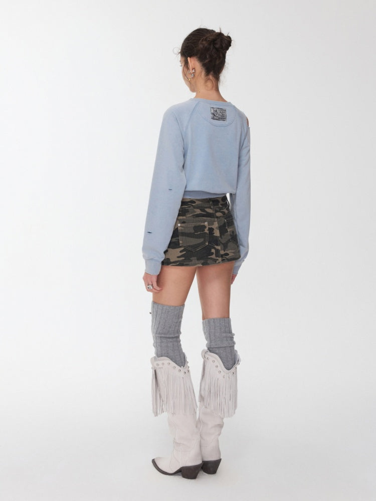 Knight Cat Print Washed Hole Sweatshirt Short Off-The-Shoulder Slimming Top【s0000014581】