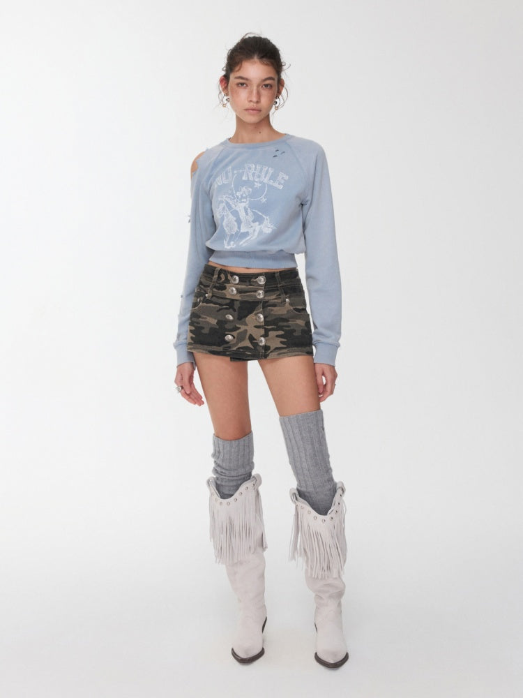 Knight Cat Print Washed Hole Sweatshirt Short Off-The-Shoulder Slimming Top【s0000014581】
