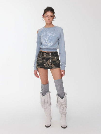Knight Cat Print Washed Hole Sweatshirt Short Off-The-Shoulder Slimming Top【s0000014581】