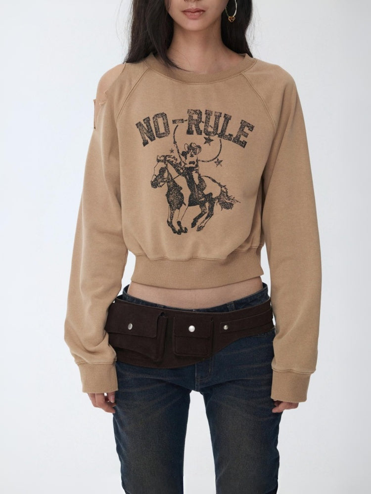 Knight Cat Print Washed Hole Sweatshirt Short Off-The-Shoulder Slimming Top【s0000014581】