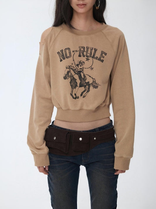 Knight Cat Print Washed Hole Sweatshirt Short Off-The-Shoulder Slimming Top【s0000014581】