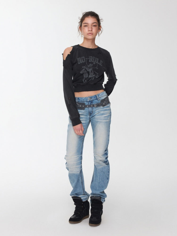 Knight Cat Print Washed Hole Sweatshirt Short Off-The-Shoulder Slimming Top【s0000014581】