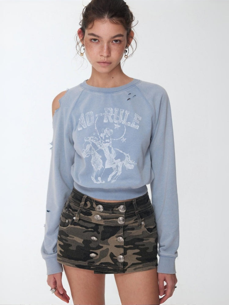 Knight Cat Print Washed Hole Sweatshirt Short Off-The-Shoulder Slimming Top【s0000014581】