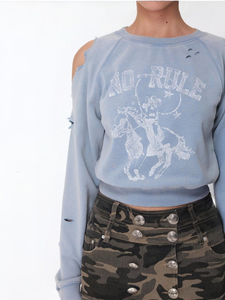 Knight Cat Print Washed Hole Sweatshirt Short Off-The-Shoulder Slimming Top【s0000014581】