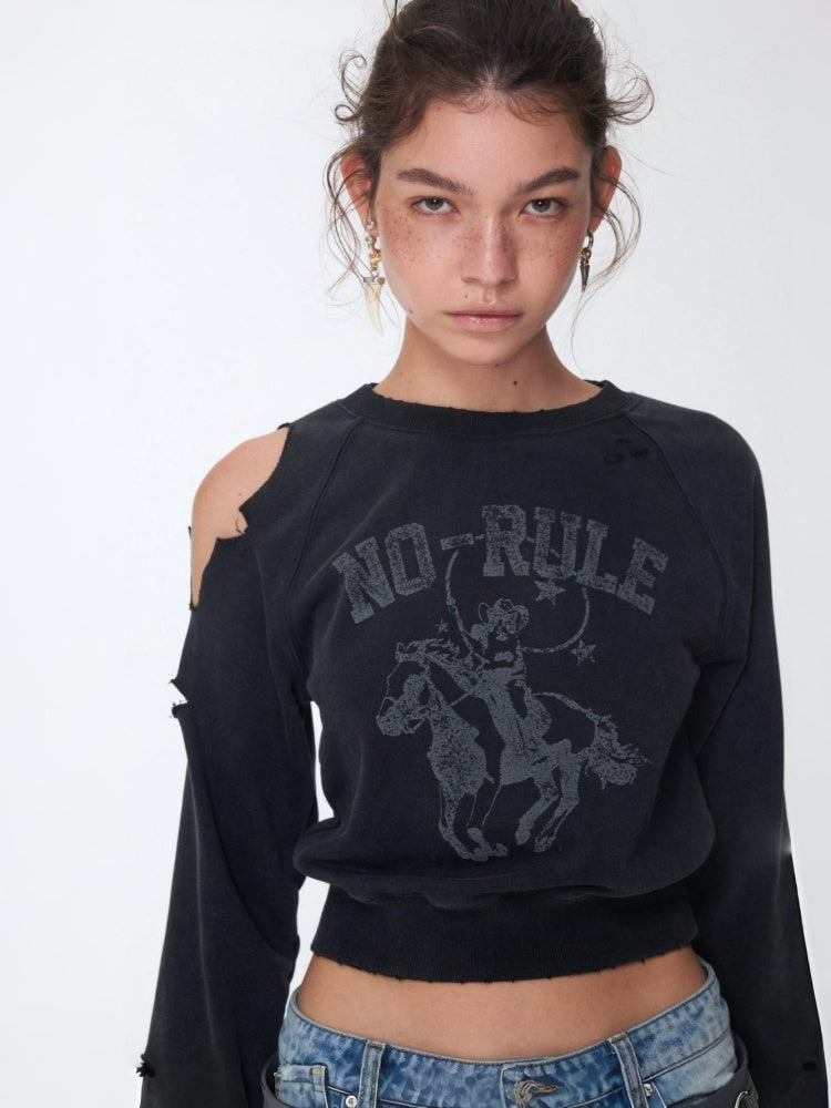 Knight Cat Print Washed Hole Sweatshirt Short Off-The-Shoulder Slimming Top【s0000014581】