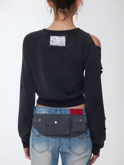 Knight Cat Print Washed Hole Sweatshirt Short Off-The-Shoulder Slimming Top【s0000014581】