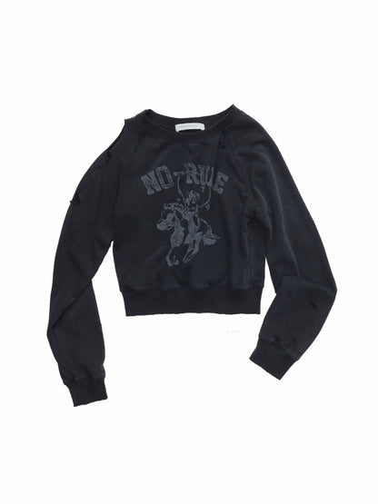 Knight Cat Print Washed Hole Sweatshirt Short Off-The-Shoulder Slimming Top【s0000014581】