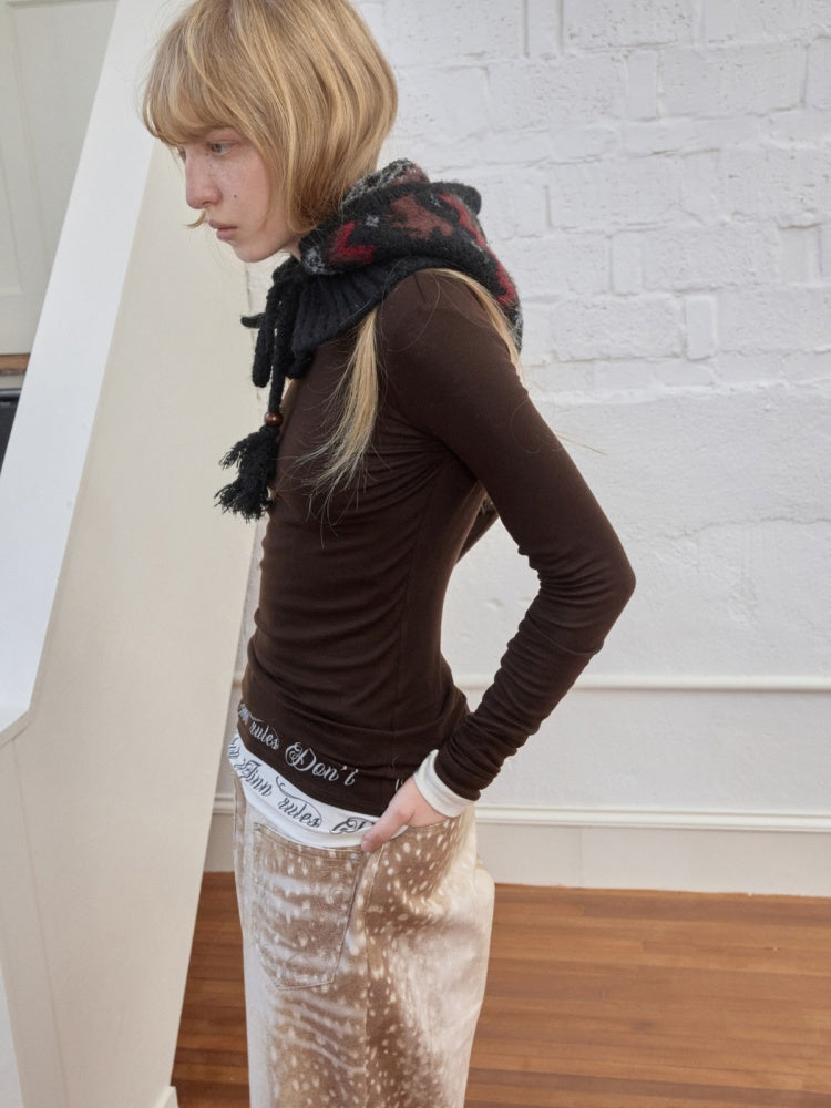 Basic Solid Color Crew Neck Micro Sheer Long Sleeve T-Shirt Hem Monogram Print Base Top【s0000014583】