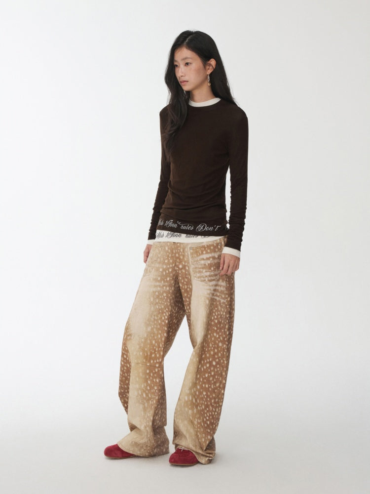 Basic Solid Color Crew Neck Micro Sheer Long Sleeve T-Shirt Hem Monogram Print Base Top【s0000014583】