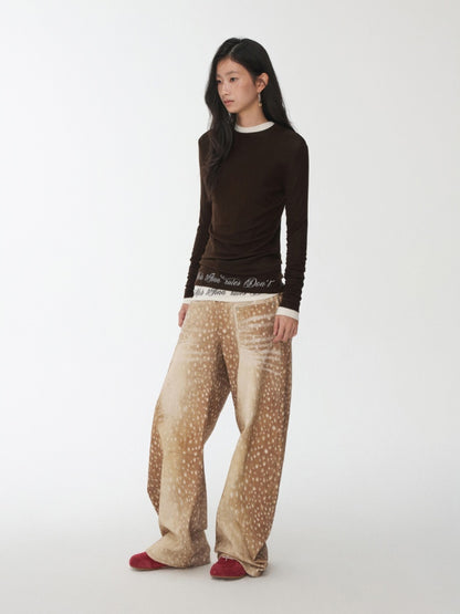 Basic Solid Color Crew Neck Micro Sheer Long Sleeve T-Shirt Hem Monogram Print Base Top【s0000014583】