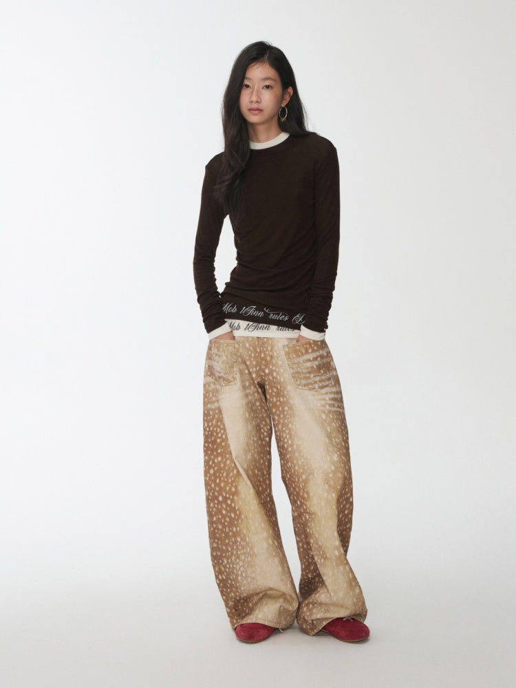 Basic Solid Color Crew Neck Micro Sheer Long Sleeve T-Shirt Hem Monogram Print Base Top【s0000014583】