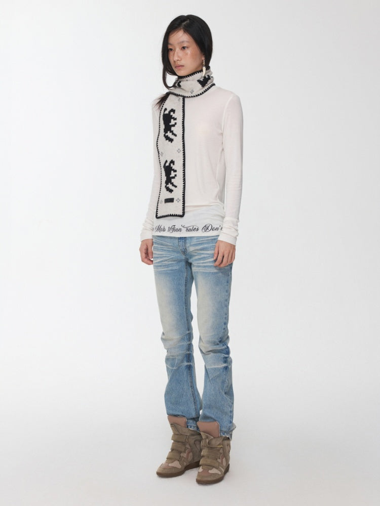 Basic Solid Color Crew Neck Micro Sheer Long Sleeve T-Shirt Hem Monogram Print Base Top【s0000014583】