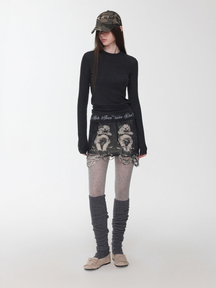 Basic Solid Color Crew Neck Micro Sheer Long Sleeve T-Shirt Hem Monogram Print Base Top【s0000014583】