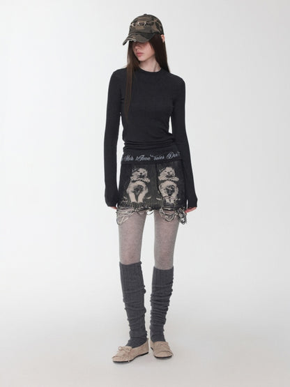 Basic Solid Color Crew Neck Micro Sheer Long Sleeve T-Shirt Hem Monogram Print Base Top【s0000014583】