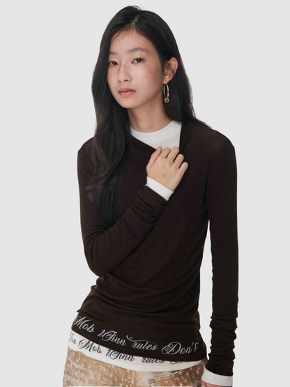 Basic Solid Color Crew Neck Micro Sheer Long Sleeve T-Shirt Hem Monogram Print Base Top【s0000014583】