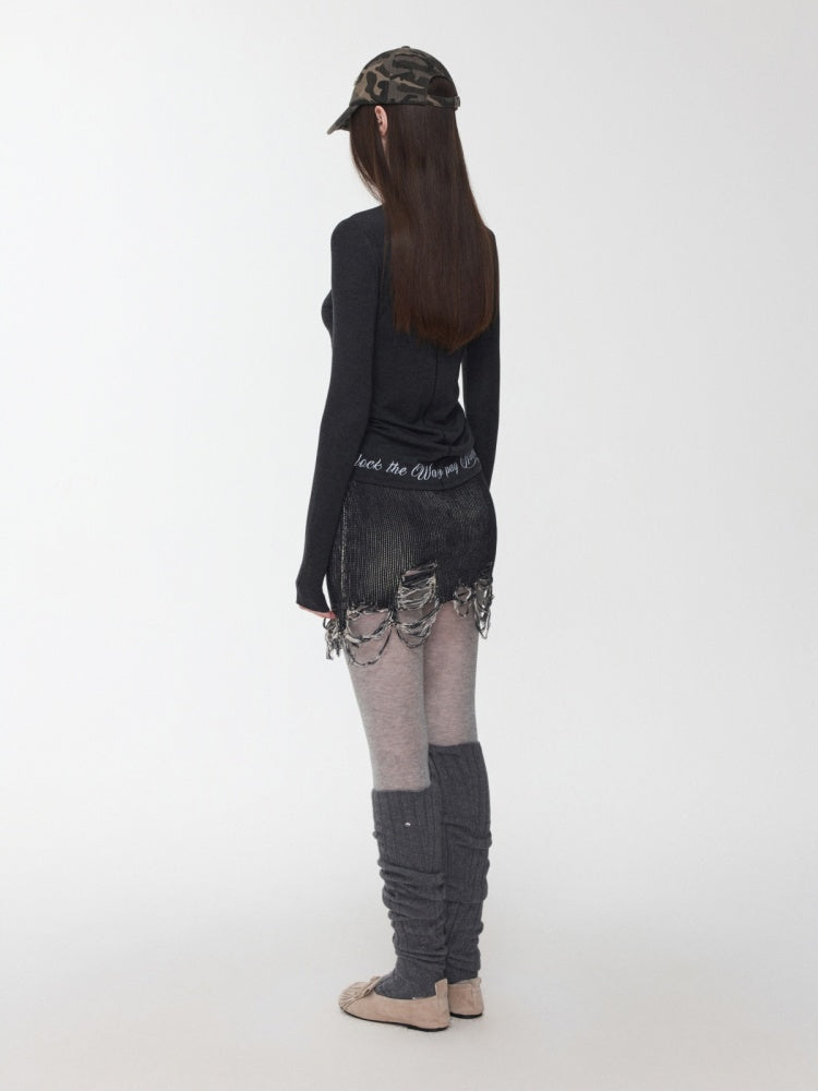 Basic Solid Color Crew Neck Micro Sheer Long Sleeve T-Shirt Hem Monogram Print Base Top【s0000014583】