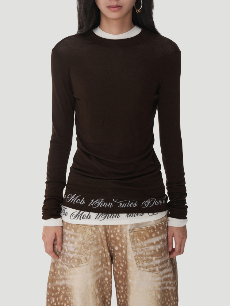 Basic Solid Color Crew Neck Micro Sheer Long Sleeve T-Shirt Hem Monogram Print Base Top【s0000014583】