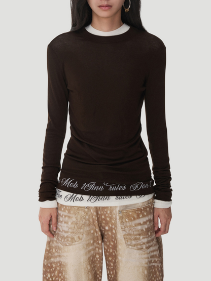 Basic Solid Color Crew Neck Micro Sheer Long Sleeve T-Shirt Hem Monogram Print Base Top【s0000014583】