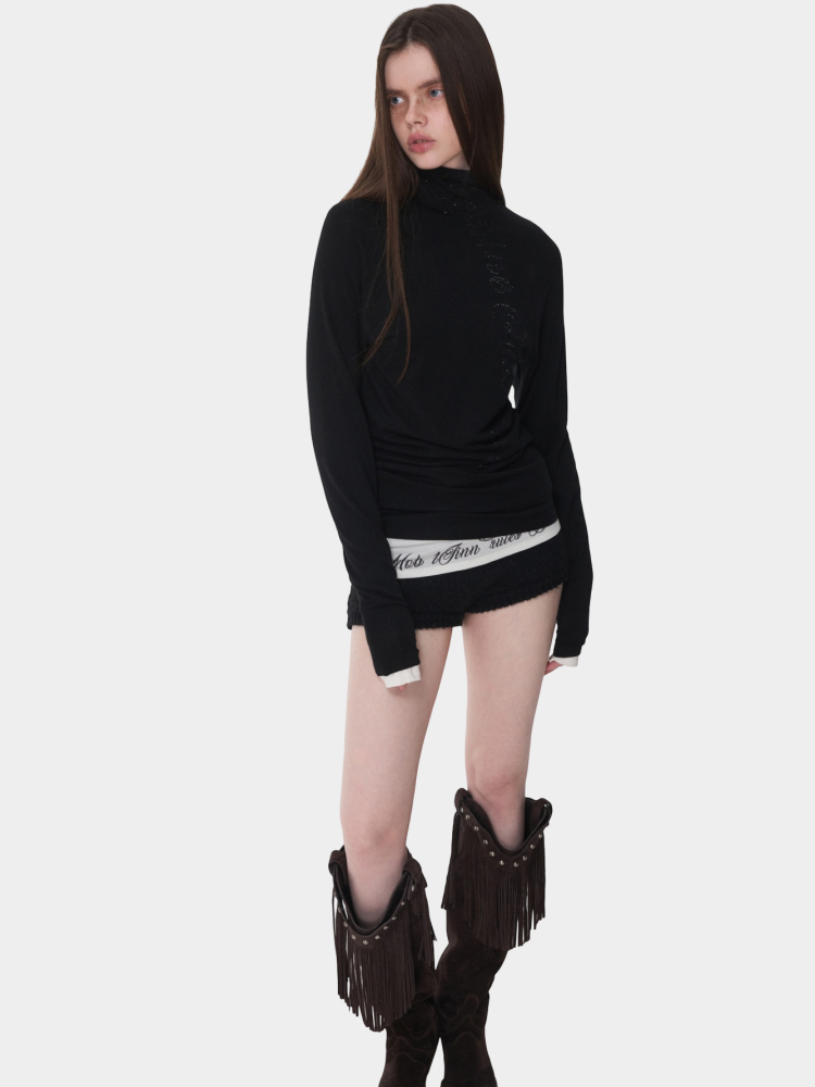 Basic Solid Color Crew Neck Micro Sheer Long Sleeve T-Shirt Hem Monogram Print Base Top【s0000014583】