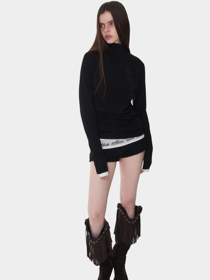 Basic Solid Color Crew Neck Micro Sheer Long Sleeve T-Shirt Hem Monogram Print Base Top【s0000014583】