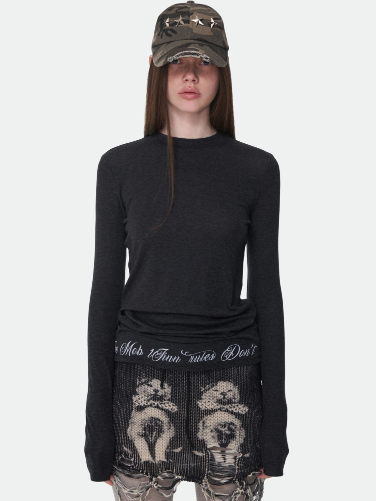 Basic Solid Color Crew Neck Micro Sheer Long Sleeve T-Shirt Hem Monogram Print Base Top【s0000014583】