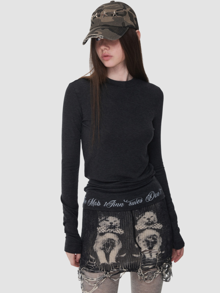 Basic Solid Color Crew Neck Micro Sheer Long Sleeve T-Shirt Hem Monogram Print Base Top【s0000014583】