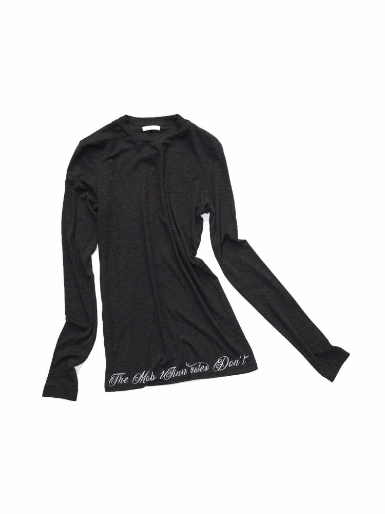 Basic Solid Color Crew Neck Micro Sheer Long Sleeve T-Shirt Hem Monogram Print Base Top【s0000014583】