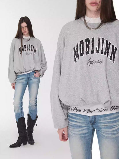 American vintage Monogram Print Crew Neck Pullover Sweatshirt Bud Type Loose Long Sleeve Top【s0000014584】