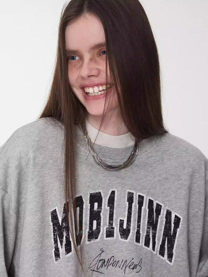 American vintage Monogram Print Crew Neck Pullover Sweatshirt Bud Type Loose Long Sleeve Top【s0000014584】