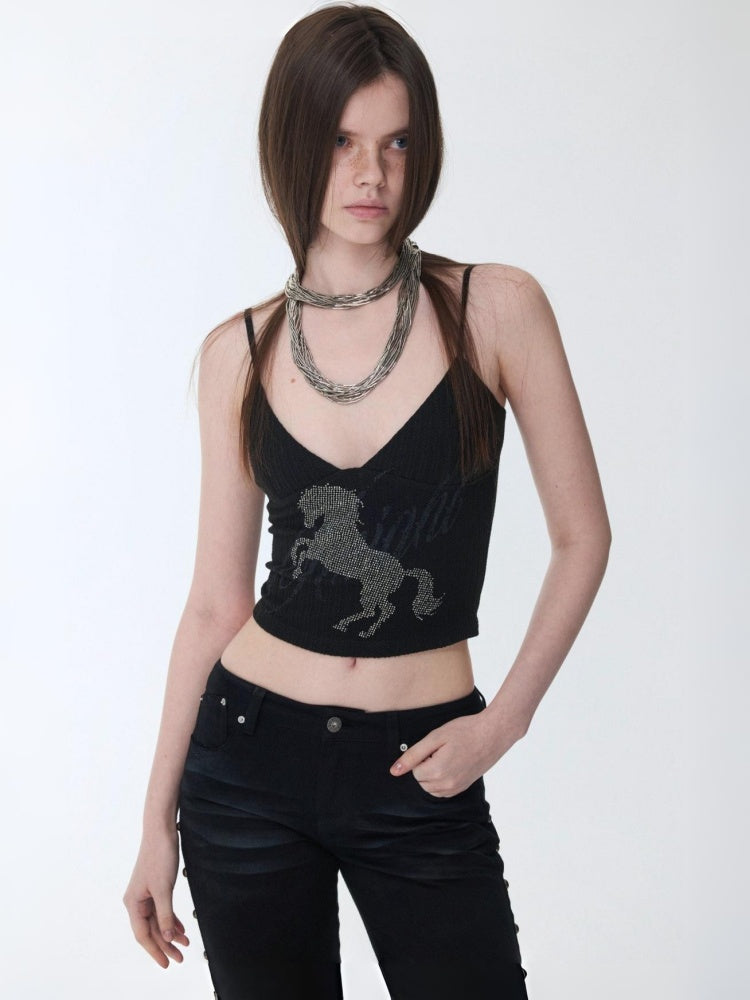 Knight Horse Hot Diamond Print Cable Knitted Suspender Female Hot Girl Sexy Short Slimming Top【s0000014585】