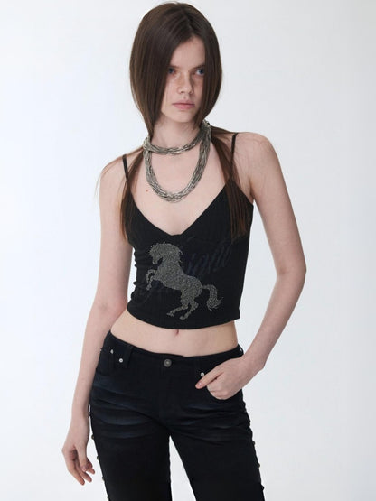 Knight Horse Hot Diamond Print Cable Knitted Suspender Female Hot Girl Sexy Short Slimming Top【s0000014585】